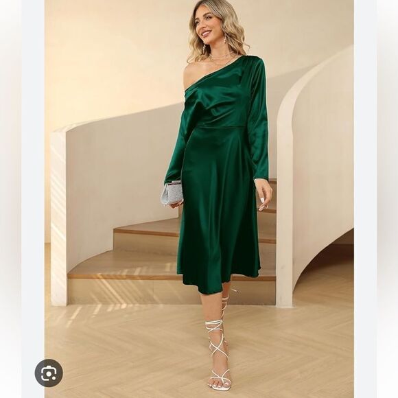 NWT JASAMBAC Satin Elegant One Shoulder Ruched Long Sleeve Wedding Dress - Picture 1 of 13